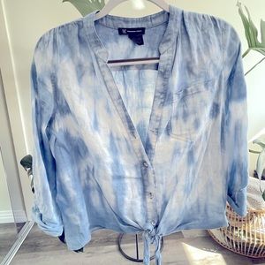 INC International Concepts Blue Tye Die Tie Front Blouse